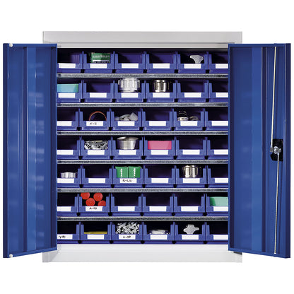 Storage cupboard with storage boxes, height 780 mm, 6 shelves, light grey.