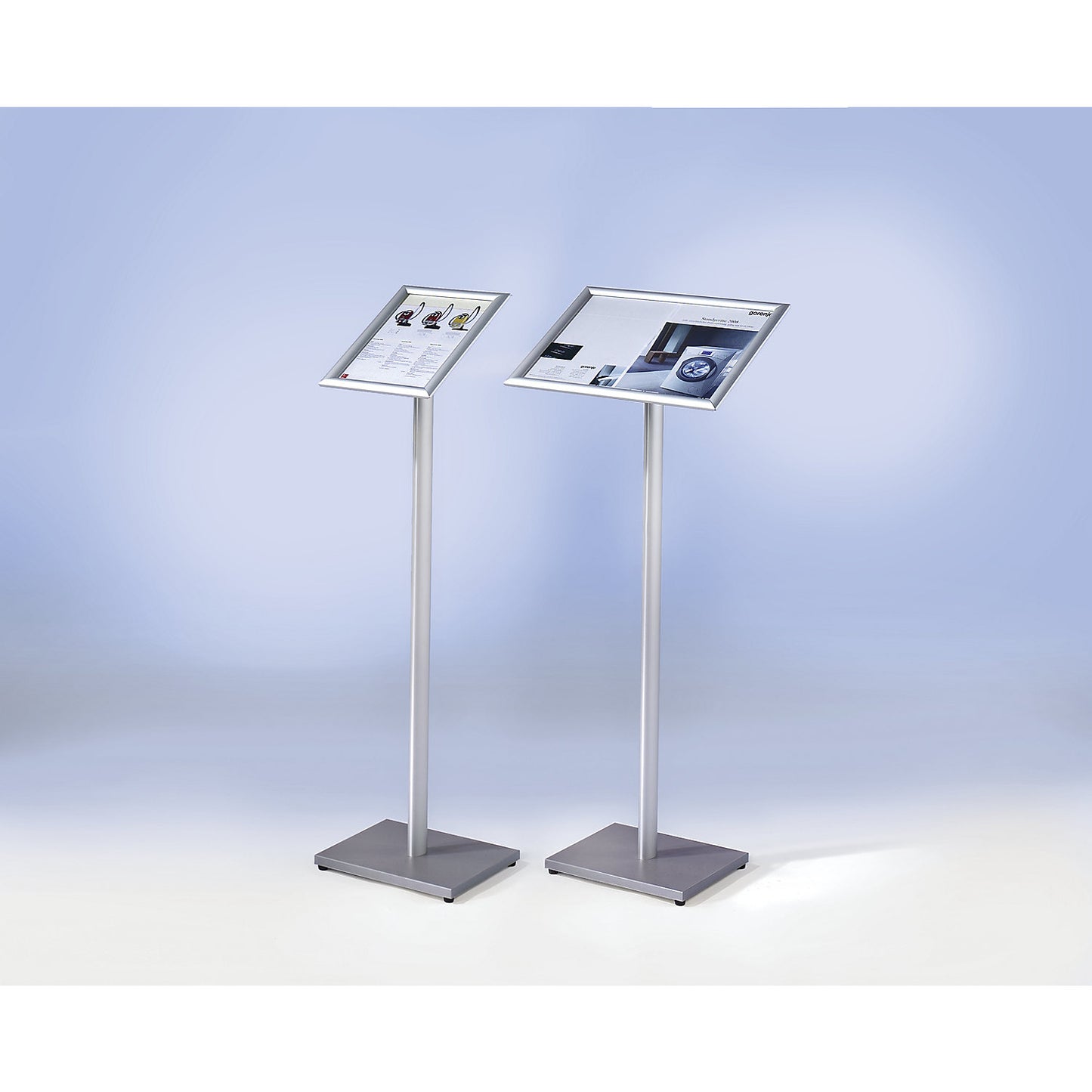 Info stand, horizontal format height 1060 mm / vertical format height 1080 mm, for A4 format.