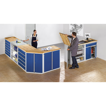 Cabinet for material and tool dispensing counter, 2 x 90 mm drawers, 3 x 120 mm drawers, 2 x 180 mm drawers, grey / blue.