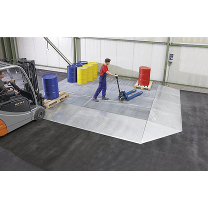 Zinc plated low profile steel sump trays, width 500 mm, length 2500 mm, capacity 100 l.