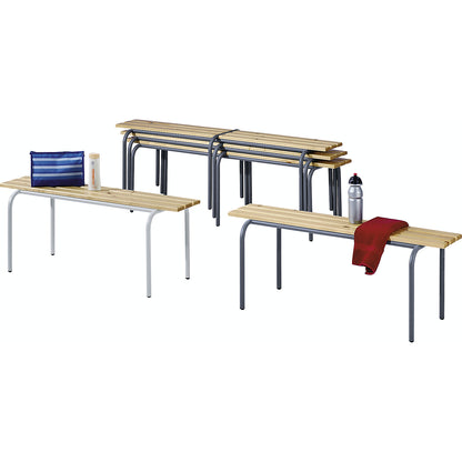 Changing room bench, stackable, clear varnished solid wood slats, length 1200 mm, basalt grey frame.