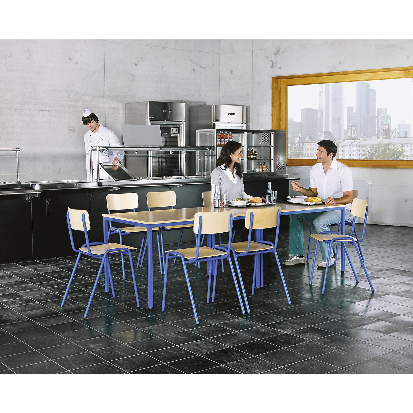 Multi-purpose seating unit, 1 table, 4 chairs, tabletop in beech finish, gentian blue frame.