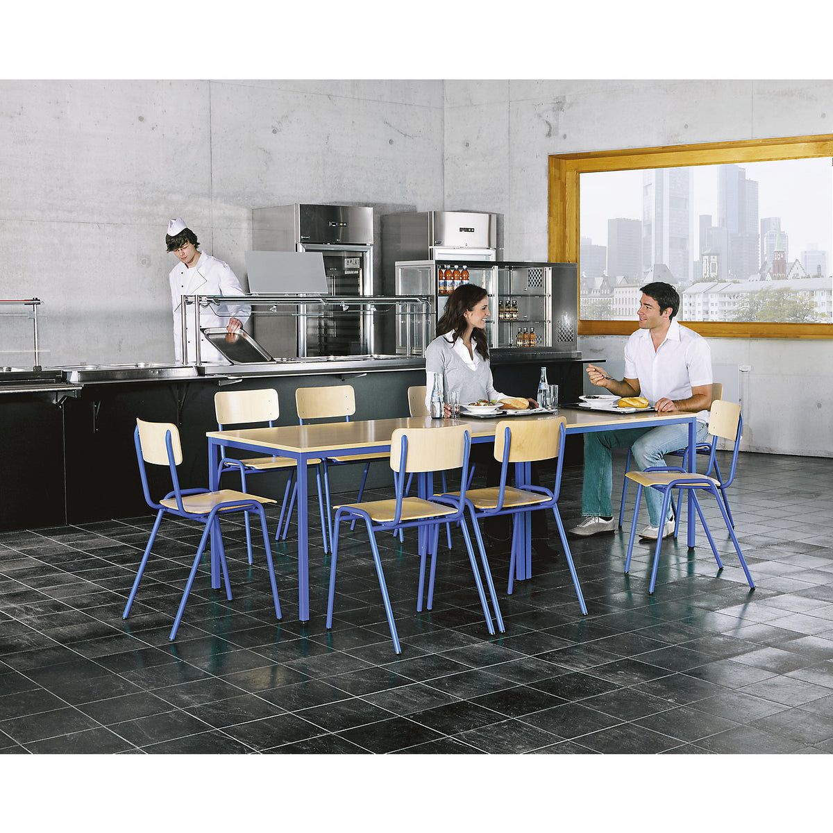 Multi-purpose seating unit, 1 table, 4 chairs, tabletop in beech finish, basalt grey frame.