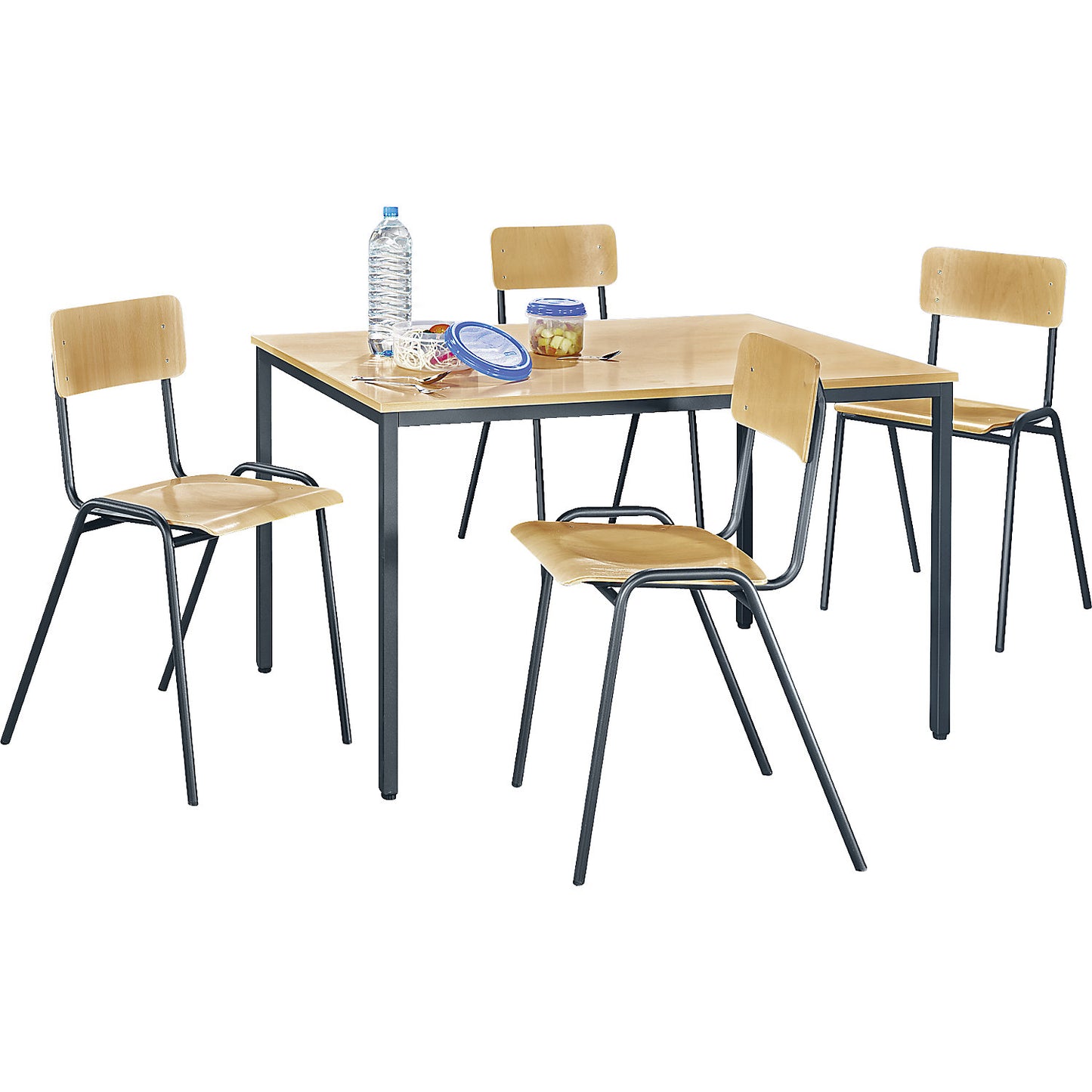 Multi-purpose seating unit, 1 table, 4 chairs, tabletop in beech finish, basalt grey frame.