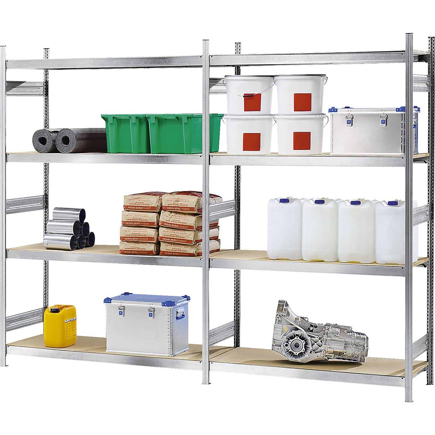 Wide span boltless shelf unit chipboard panels, height 2000 mm, width 2250 (2 x 1125) mm, max. bay load 1200 kg, depth 600 mm, standard shelf unit.