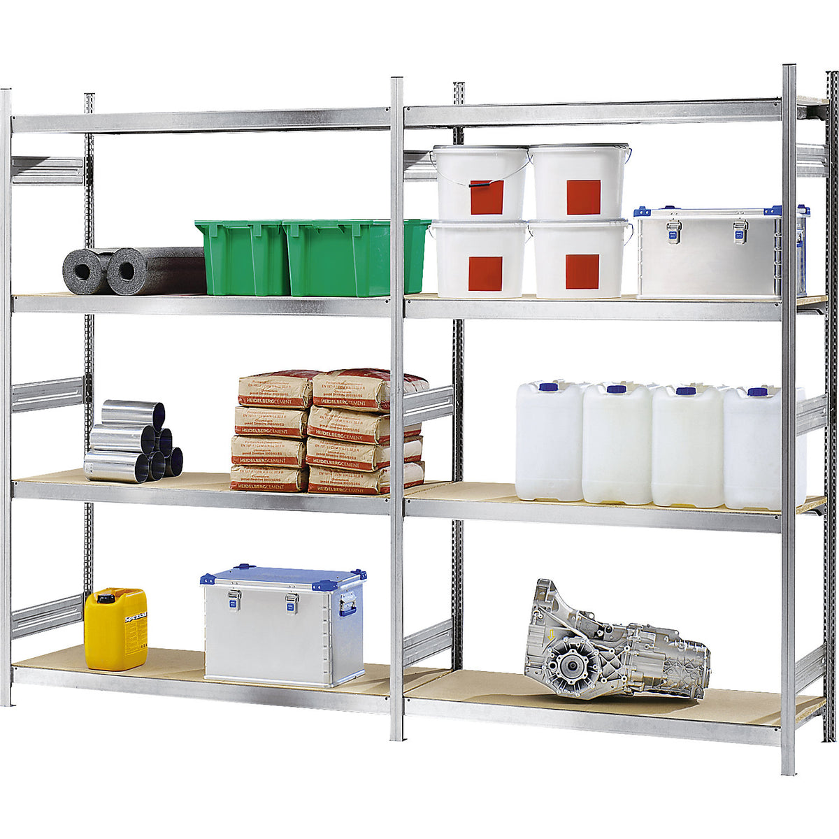 Wide span boltless shelf unit chipboard panels, height 3000 mm, width 2500 (2 x 1250) mm, max. bay load 2000 kg, depth 800 mm, standard shelf unit.