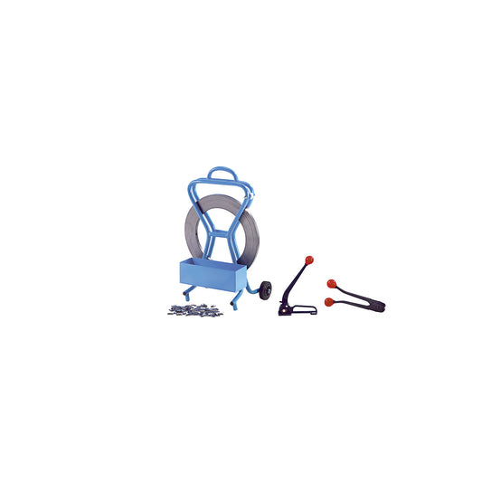 Strapping set, steel strapping, tensioning tool, sealing tongs, strap dispenser, strap, seals, strapping width 16 mm.