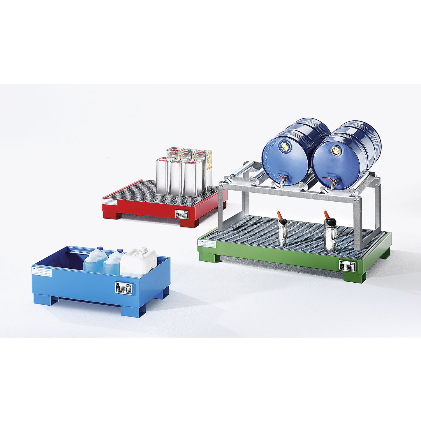 Steel sump tray, LxWxH 800 x 900 x 220 mm, painted fir green RAL 6011, with grate.