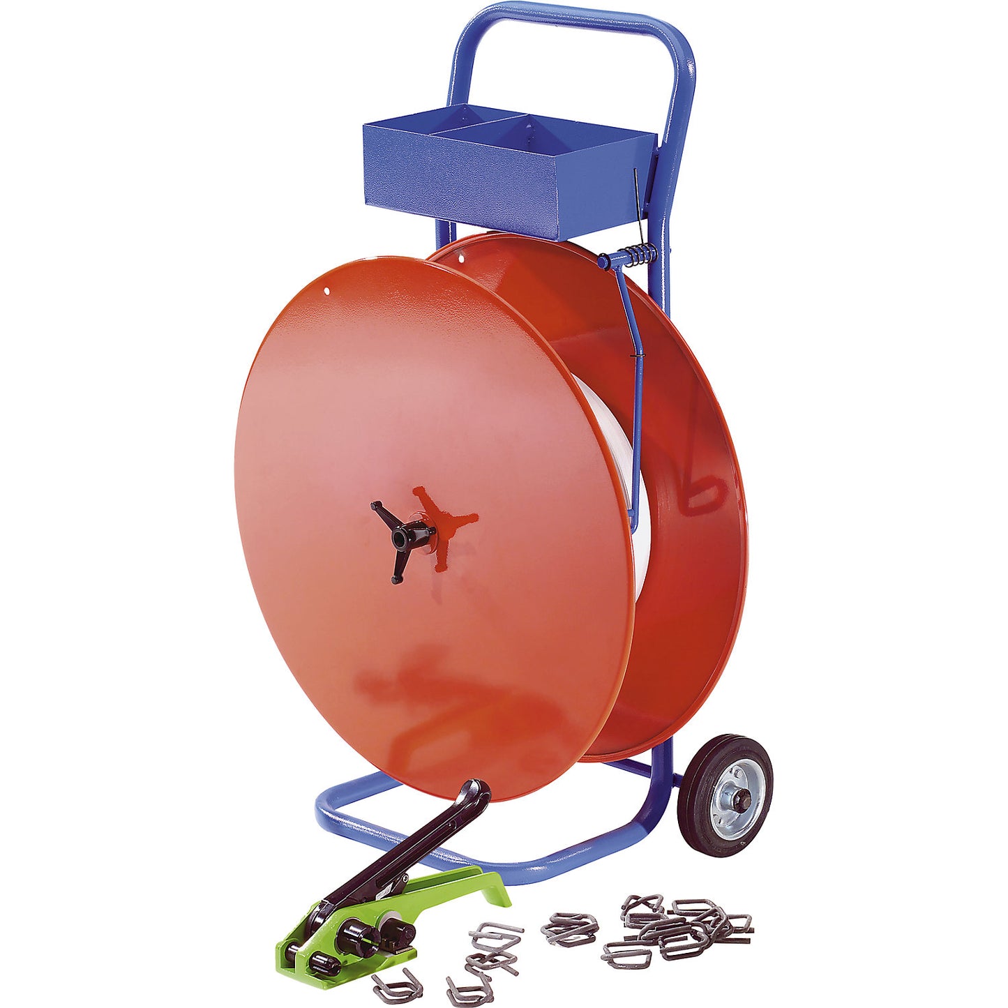 Strapping set, composite strapping, tensioning tool, mobile strap dispenser, strap, metal buckles, strap width 16 mm.