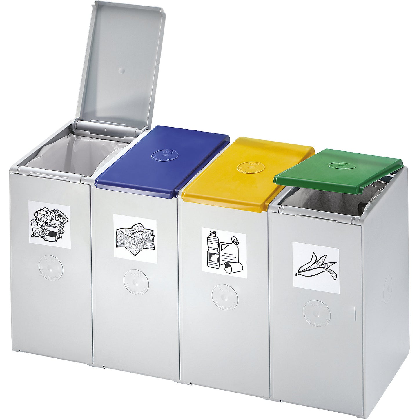 Recyclable waste collector made of plastic, station with a capacity of 60 l each, 3 compartment collector.
