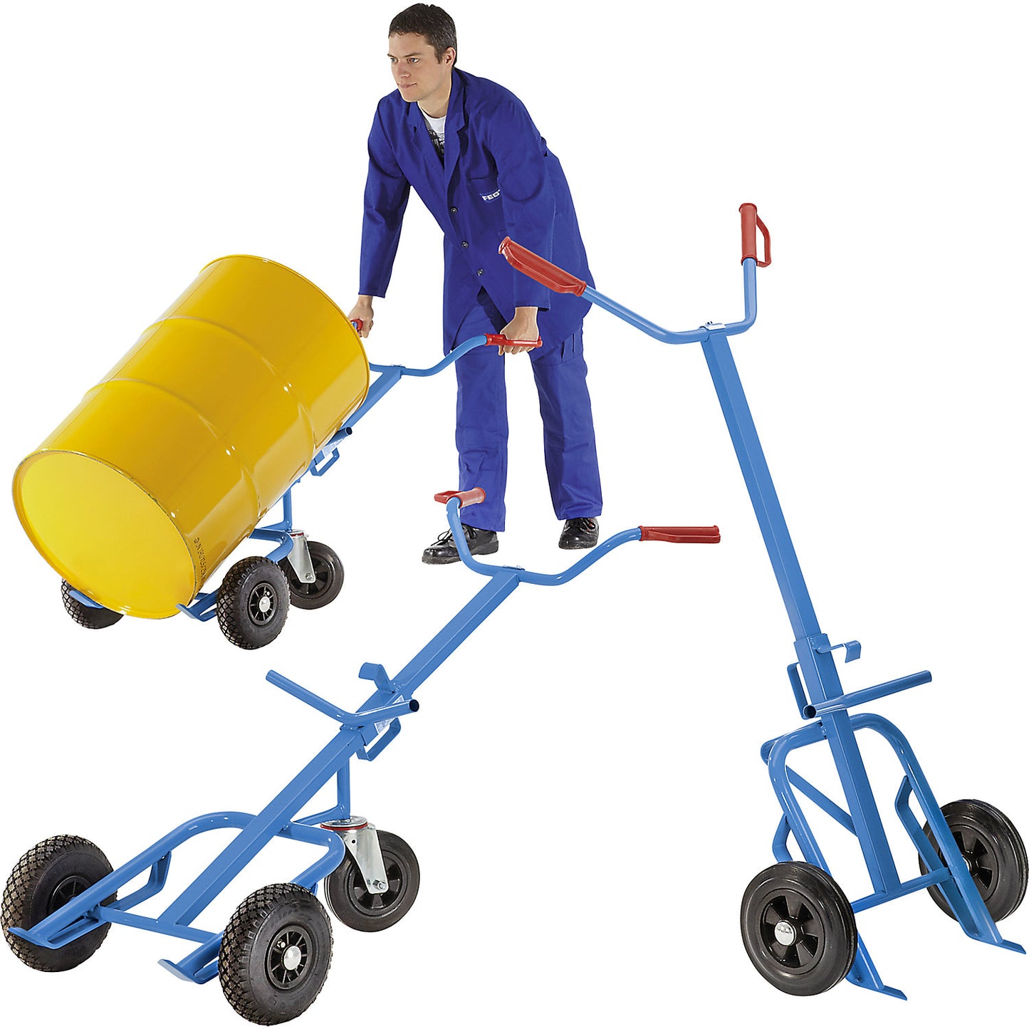 Drum truck for steel drums, max. load 400 kg, with solid rubber support wheel, pneumatic axle wheels.