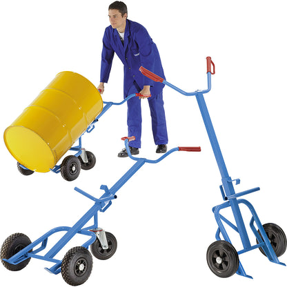 Drum truck for steel drums, max. load 400 kg, with solid rubber support wheel, pneumatic axle wheels.