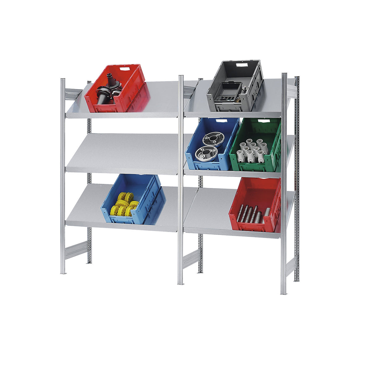 Slanted shelf unit, shelf unit height 2000 mm, shelf width 1300 mm, extension shelf unit, zinc plated.