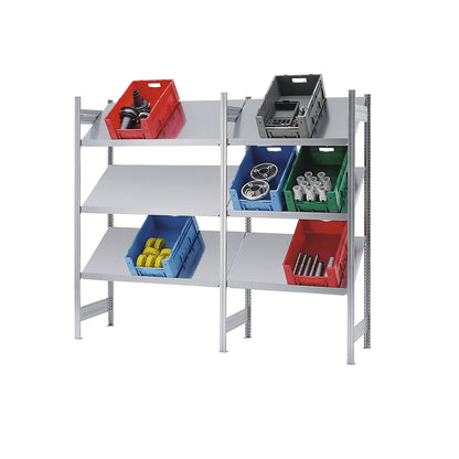 Slanted shelf unit, shelf unit height 2000 mm, shelf width 1000 mm, standard shelf unit, zinc plated.