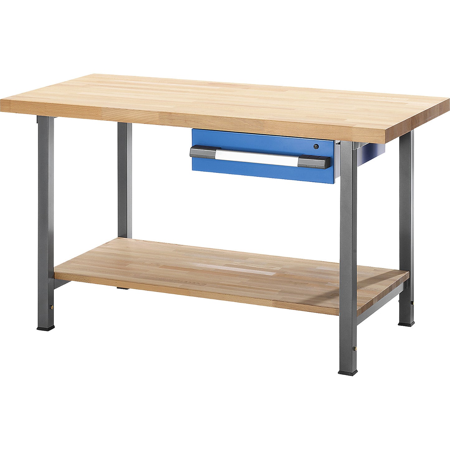 Height-adjustable workbench, frame construction, 1 drawer, 1 shelf, width 1500 mm, charcoal / blue.