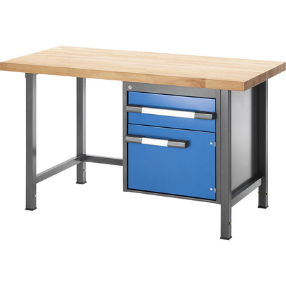 Height-adjustable workbench, frame construction, 1 drawer, 1 hinged door, width 750 mm, charcoal / blue.