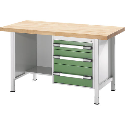 Height-adjustable workbench, frame construction, 3 drawers, 1 shelf, width 1500 mm, charcoal / blue.