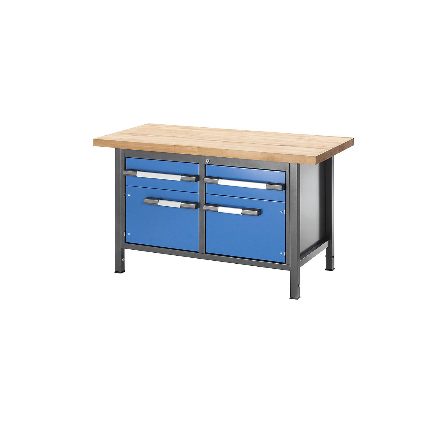 Height-adjustable workbench, frame construction, 2 drawers, 2 doors, width 1500 mm, charcoal / blue.