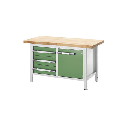 Height-adjustable workbench, frame construction, 3 drawers, 1 hinged door, width 1500 mm, charcoal / blue.