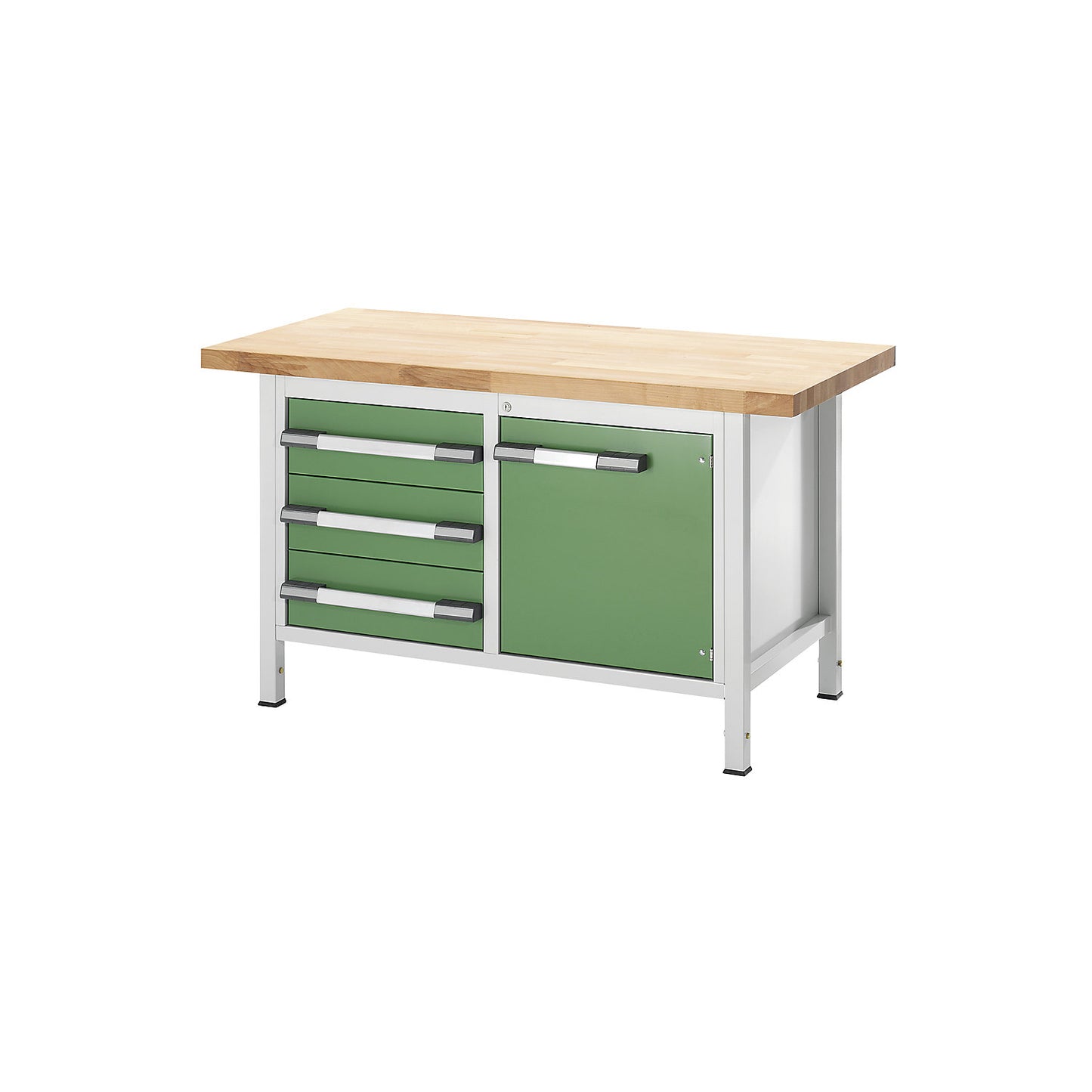 Height-adjustable workbench, frame construction, 3 drawers, 1 hinged door, width 1500 mm, light grey / green.