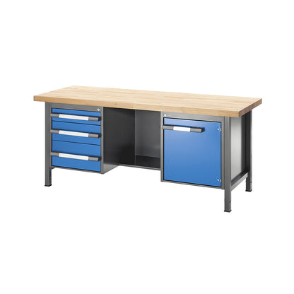 Height-adjustable workbench, frame construction, 3 drawers, 1 door, 1 shelf, width 2000 mm, charcoal / blue.