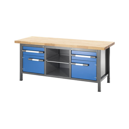 Height-adjustable workbench, frame construction, 2 drawers, 2 doors, 1 pull-out shelf, width 2000 mm, light grey / green.