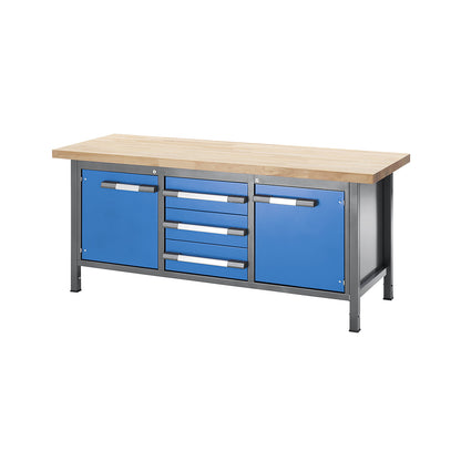 Height-adjustable workbench, frame construction, 3 drawers, 2 hinged doors, width 2000 mm, charcoal / blue.