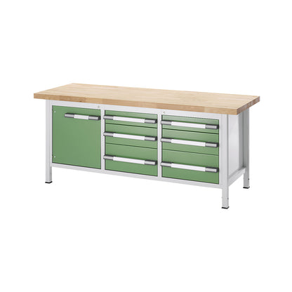 Height-adjustable workbench, frame construction, 6 drawers, 1 hinged door, width 2000 mm, charcoal / blue.