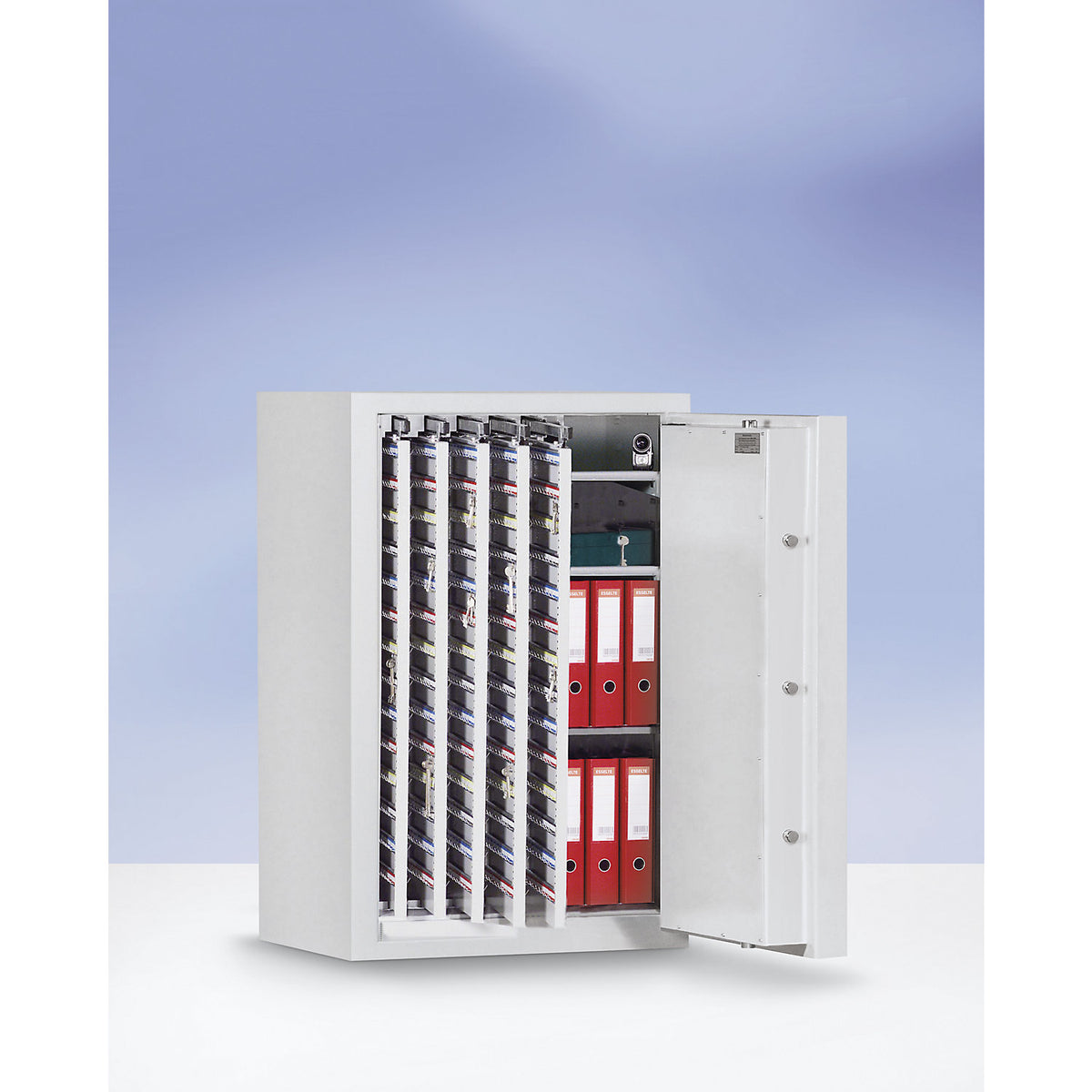 Key safe with extendable intermediate panels, VDMA B and Euro standard S2, 2400 hooks, 4 shelves, HxWxD 1806 x 836 x 700 mm.