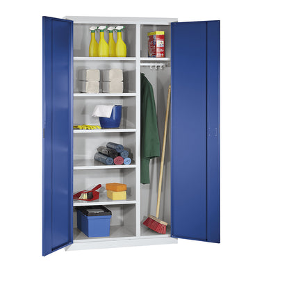 Cleaning cupboard, 6 shelves, 1 clothes rail, depth 500 mm, light grey / gentian blue.