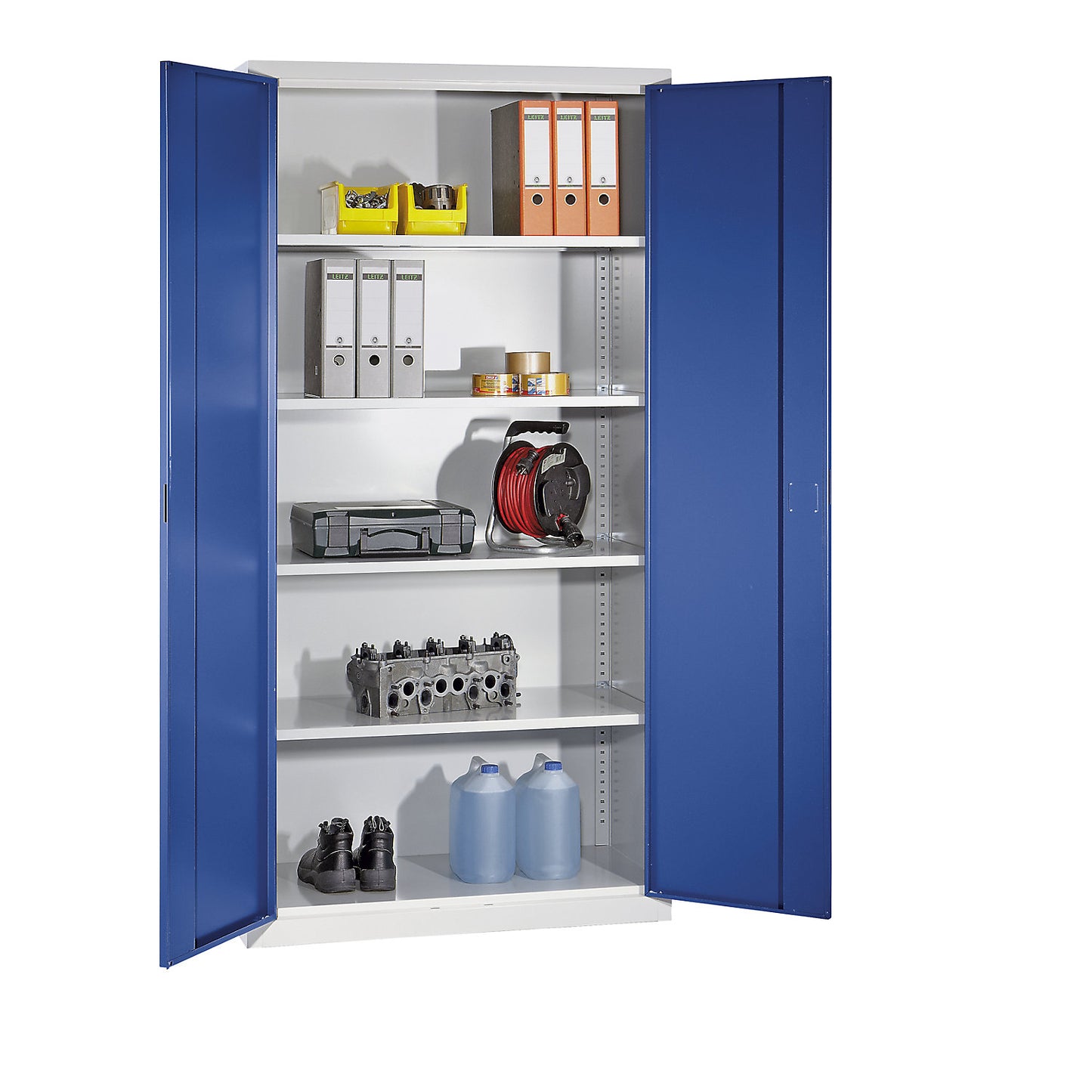 Double door cupboard, 4 shelves, width 1000 mm, light grey / gentian blue.