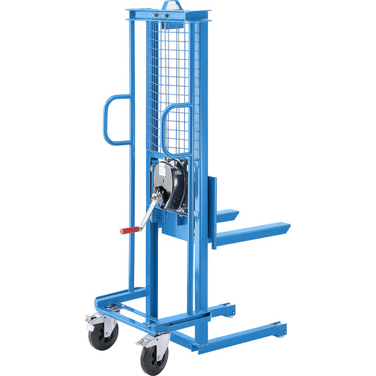 Manual winch stacker, max. load 300 kg, overall height 2000 mm.