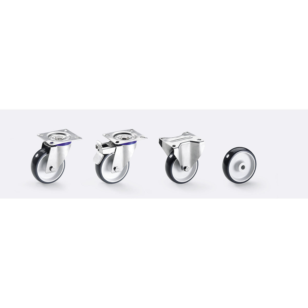 Polyurethane tyres, stainless steel housing, wheel Ø x width 100 x 30 mm, fixed castor.