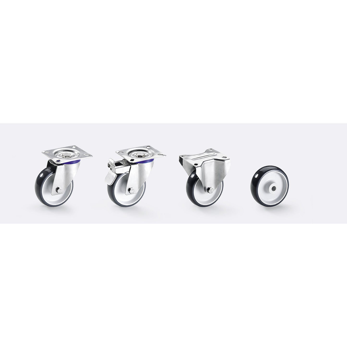Polyurethane tyres, stainless steel housing, wheel Ø x width 100 x 30 mm, swivel castor with double stop.