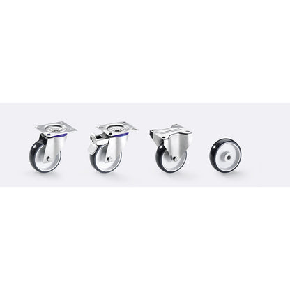 Polyurethane tyres, stainless steel housing, wheel Ø x width 100 x 30 mm, swivel castor with double stop.
