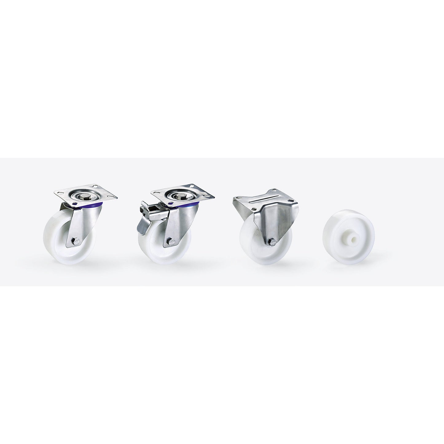 Nylon wheel, stainless steel housing, wheel Ø x width 125 x 34 mm, swivel castor with double stop.