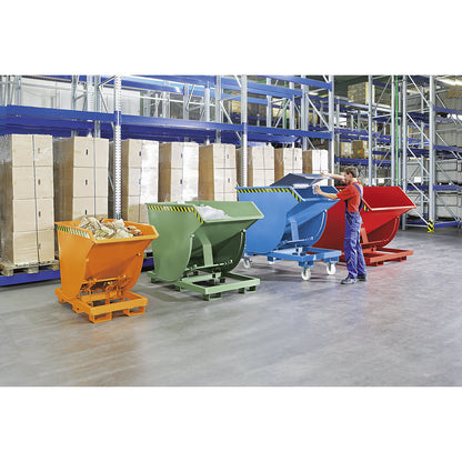 Tilting skip, narrow version, capacity 0.5 m³, max. load 2500 kg, grey RAL 7005.