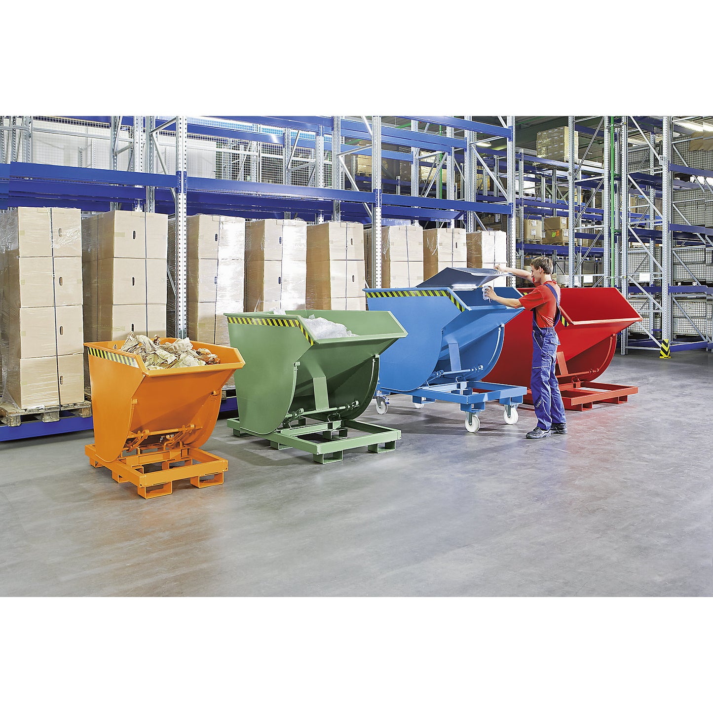 Tilting skip, narrow version, capacity 1.5 m³, max. load 3000 kg, hot dip galvanised in accordance with EN ISO 1461.
