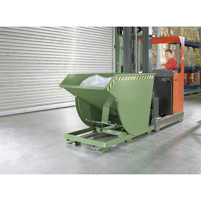 Tilting skip, narrow version, capacity 0.5 m³, max. load 2500 kg, yellow orange RAL 2000.