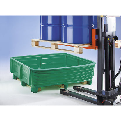 PE transport sump tray, sump capacity 430 l, LxWxH 1500 x 1550 x 500 mm, with wooden pallet 1200 x 1200 mm.