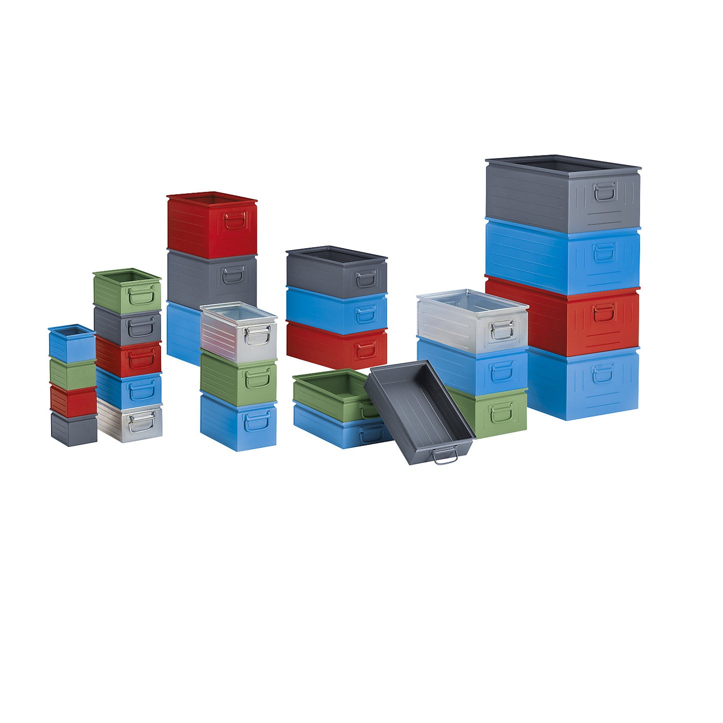 Stacking container made of sheet steel, capacity approx. 35 l, reseda green RAL 6011.