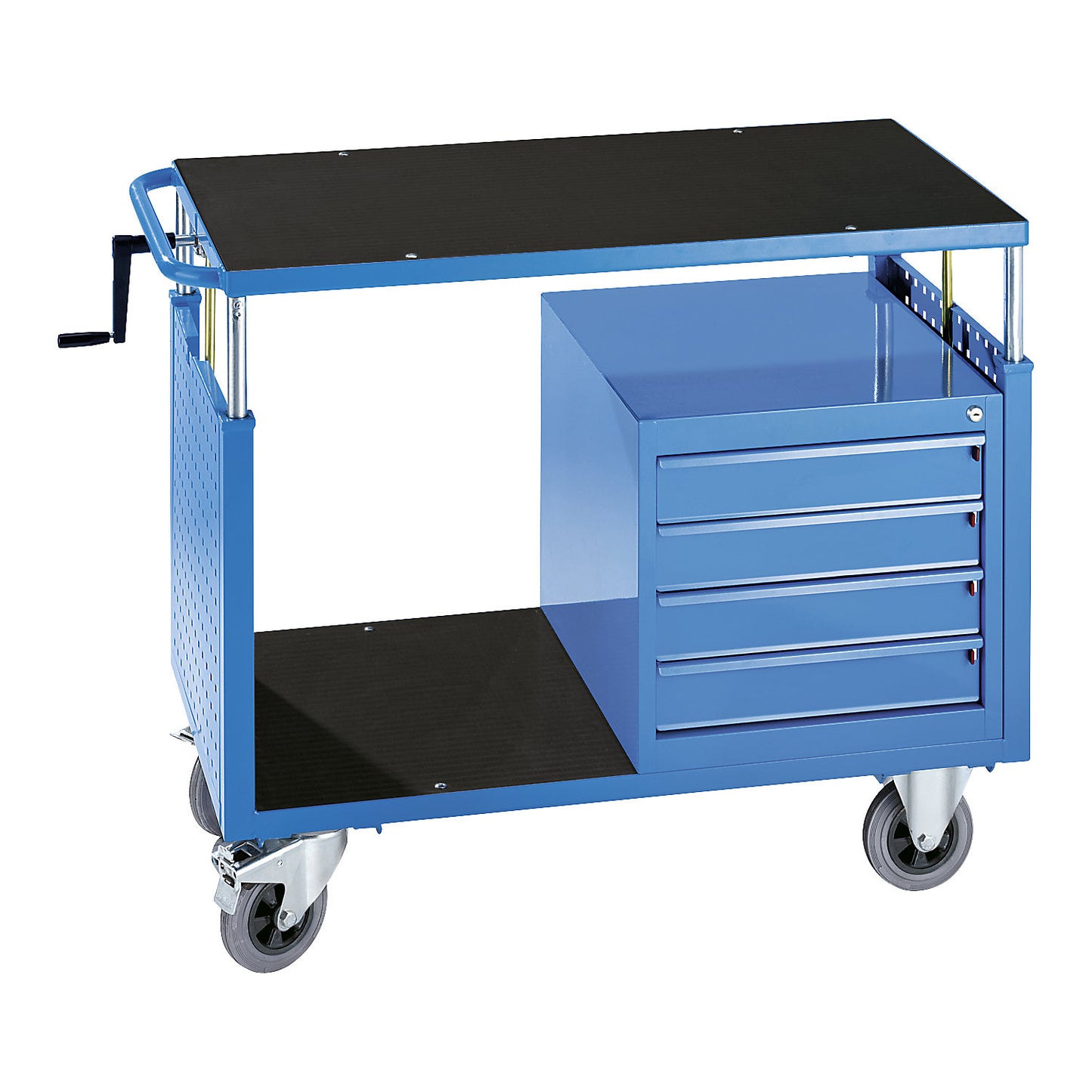 Assembly trolley, height adjustable, 1 shelf, 4 drawers, light blue.