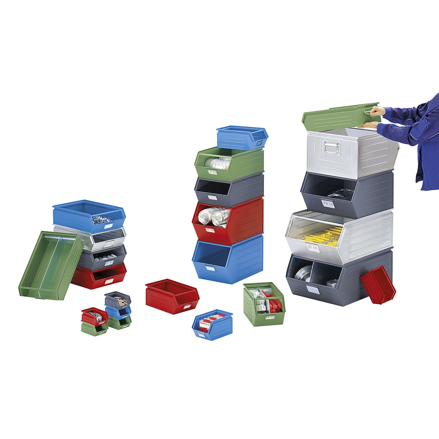 Open fronted storage bin made of sheet steel, LxWxH 350 x 210 x 145 mm, with support rod, reseda green.