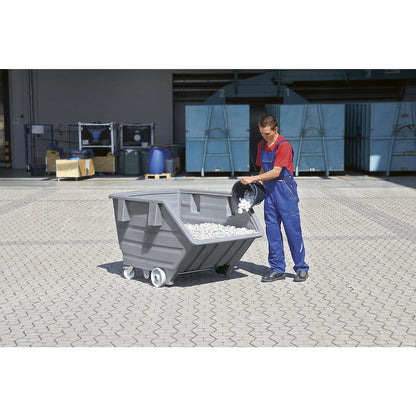 Tilting skip made of polyethylene, with castors, capacity 0.75 m³, blue.