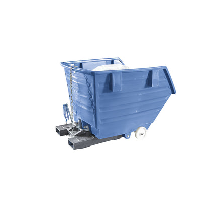 Tilting skip made of polyethylene, with forklift pockets and castors, capacity 1 m³, blue.