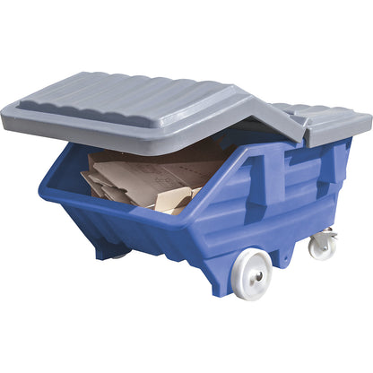 Tilting skip made of polyethylene, with castors, capacity 0.75 m³, blue.