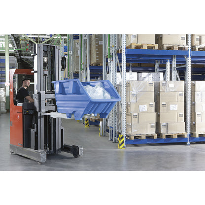 Tilting skip made of polyethylene, with forklift pockets, capacity 0.5 m³, blue.