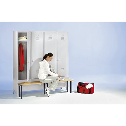Berlin 2 clothes locker with bench seat, 4 compartments, light grey, W 1200 mm, bench mounted in front, beech wood.