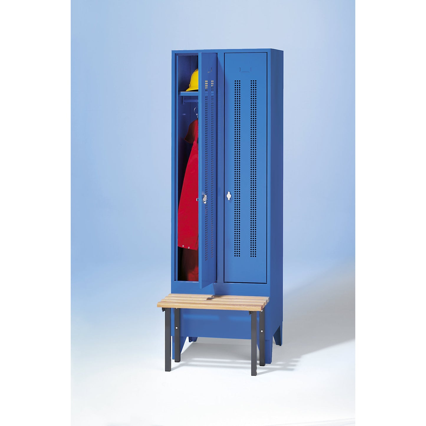 Berlin 1 bench seat clothes locker, 2 compartments, light blue, W 800 mm, bench mounted in front, beech wood.