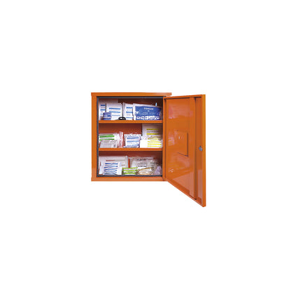 First aid cupboard, DIN 13169, single door, signal orange, HxWxD 560 x 490 x 200 mm, with contents.